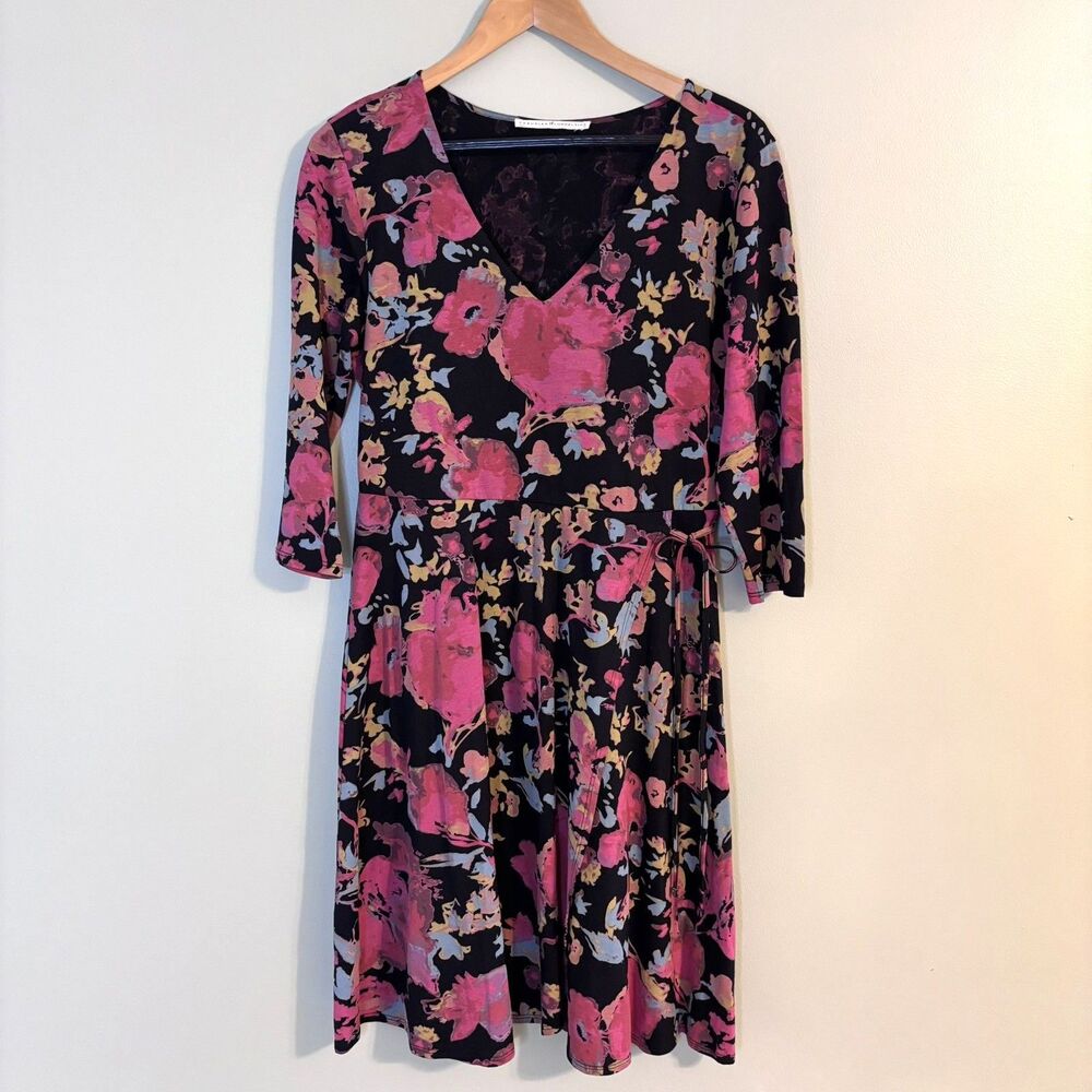Peruvian Connection Faux Wrap Floral Pima Dress M Boho Classic Artistic Romantic